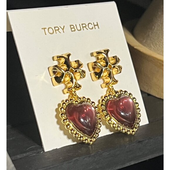 Tory Burch Gold and Pink Roxanne Heart Drops Earrings - Picture 2 of 3